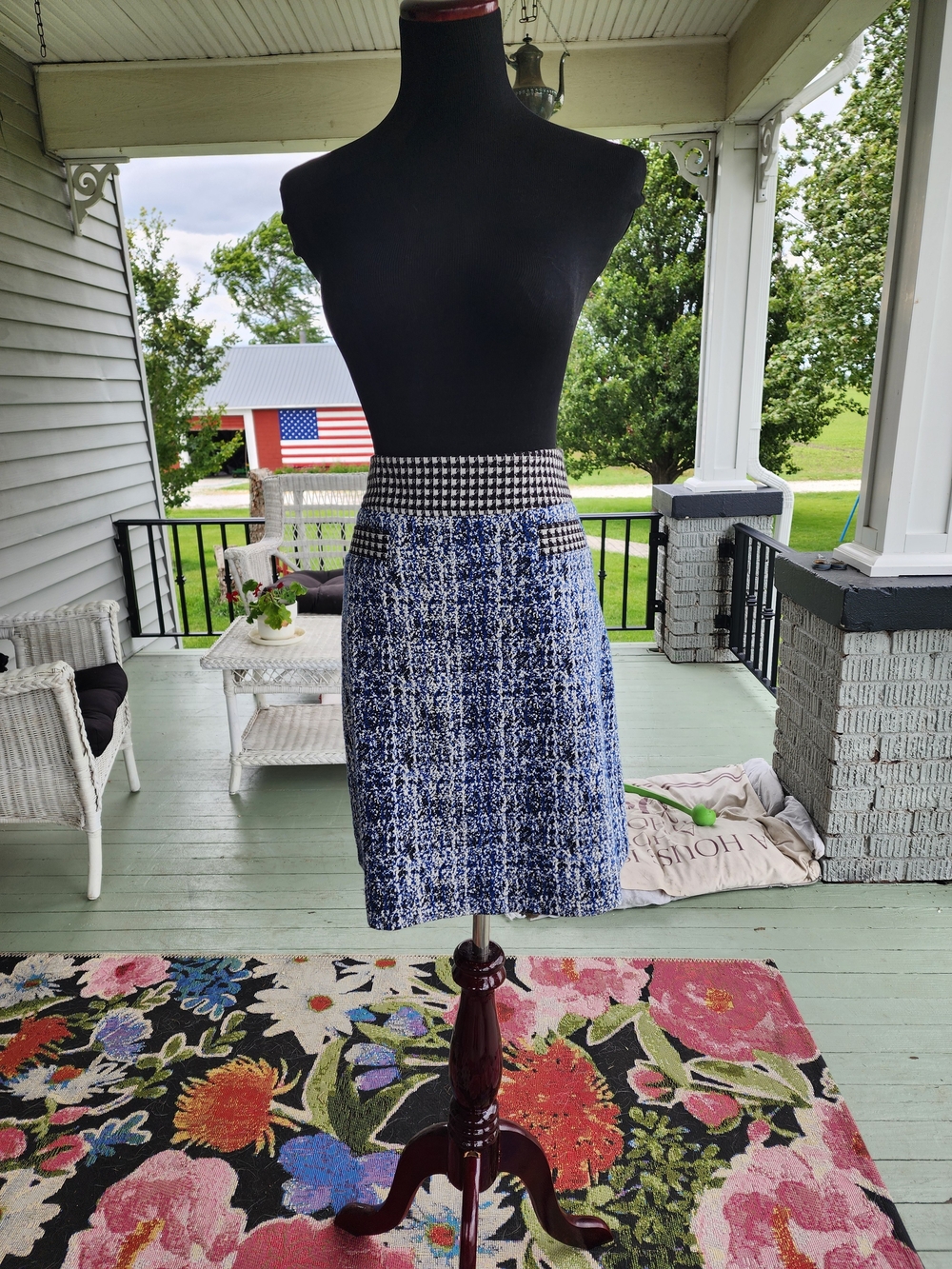 CAbi Navy & White Tweed Pencil Skirt with Black & White Houndstooth Waist